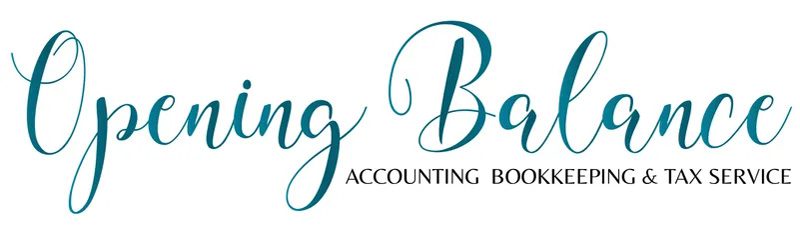 Logo for "Opening Balance Accounting Bookkeeping & Tax Service" with the company name in large script font and the services listed in smaller, capitalized sans-serif font.