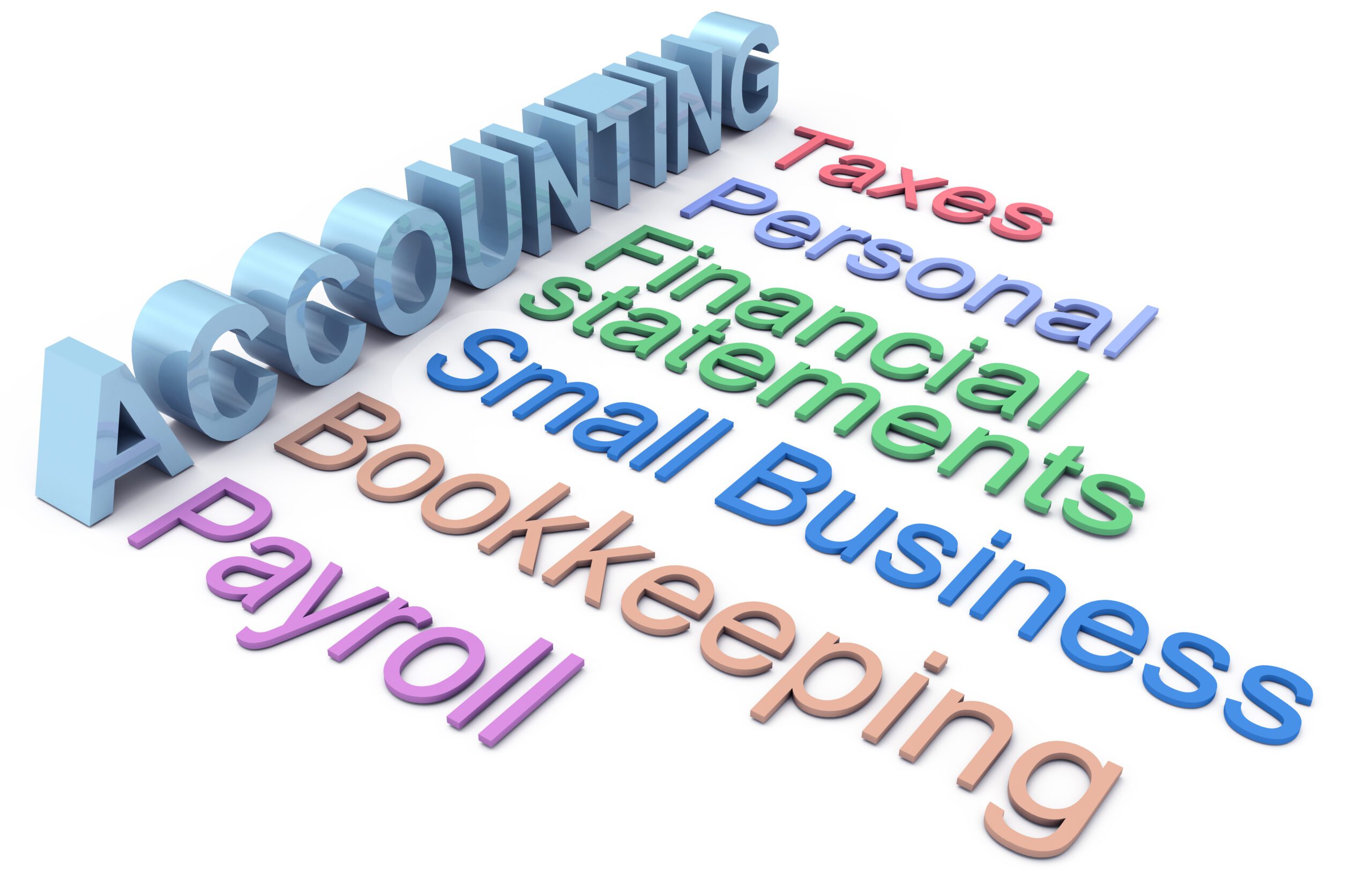 3D words list accounting services: "Accounting," "Taxes," "Personal," "Financial statements," "Small Business," "Bookkeeping," and "Payroll" in various colors on a white background.